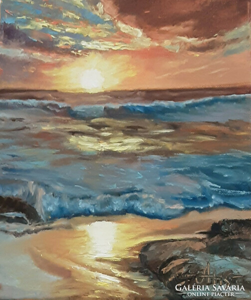 Antiipina galina: sunset on the sea, oil painting, canvas, painter's knife, 30x25cm