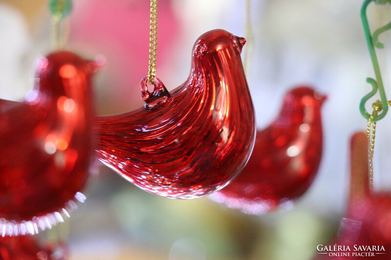 6 darab piros  színű üveg madárka karácsonyfadísz III.