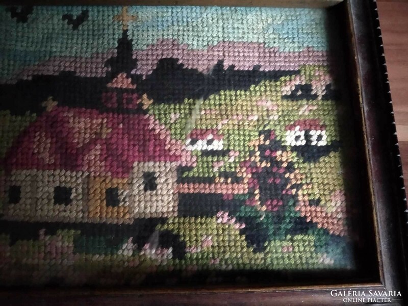 Antique tapestry picture in an old picture frame, size: 21 cm x 16 cm, age about 80 years