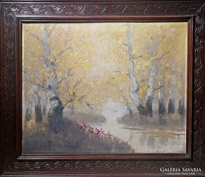 Forest riverside landscape (framed oil on canvas) unmarked