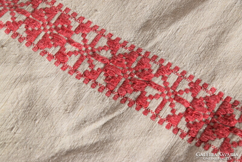 Antik Régi Népi Len Vászon kézzel szőtt piros csíkos terítő asztalterítő abrosz 174 x 105