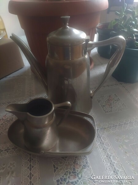 Old English alpaca teapot and milk-cream pouring and offering baskets (sugar holder)