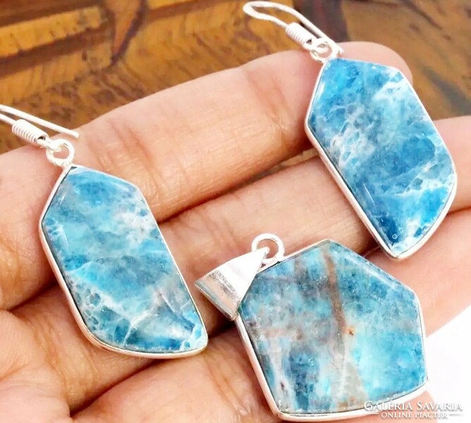 Rarity! Apatite semi-precious stone silver pendant ear set