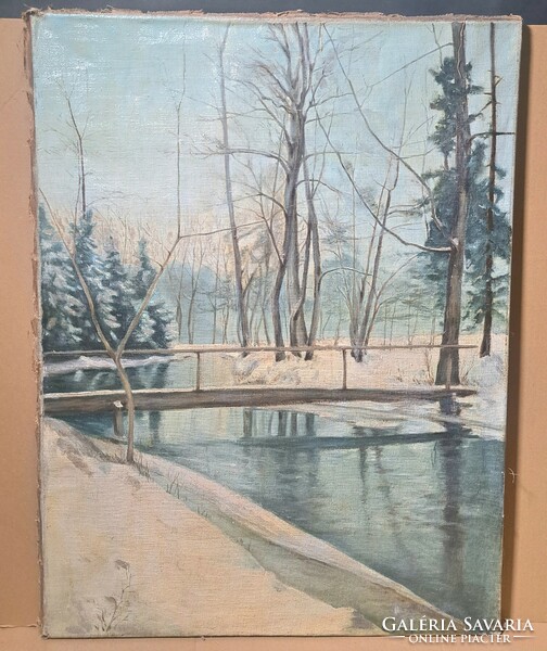Winter forest landscape (oil on canvas) without sign - bridge on the river