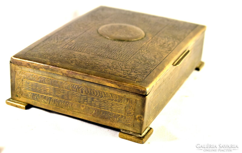 Antique engraved decorative copper box with zodiac motif