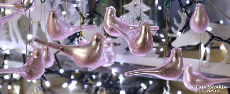 6 darab rózsaszín üveg madárka karácsonyfadísz II.