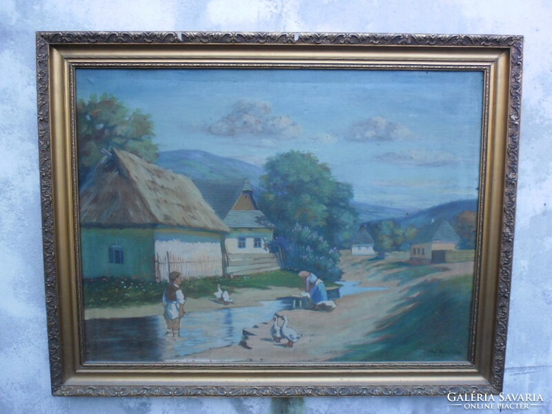 Oil on canvas work by Lajos János Tihanyi (1892-1957) entitled Village life picture, framed. Ivány's student
