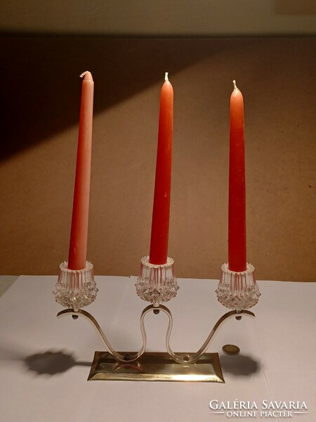 Three-pronged silver-plated candle holder with glass head