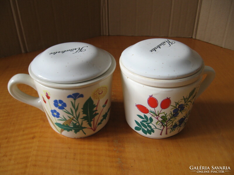 A pair of mugs with herbs and wildflowers, a pair of waechtersbach ceramic filter mugs with a lid