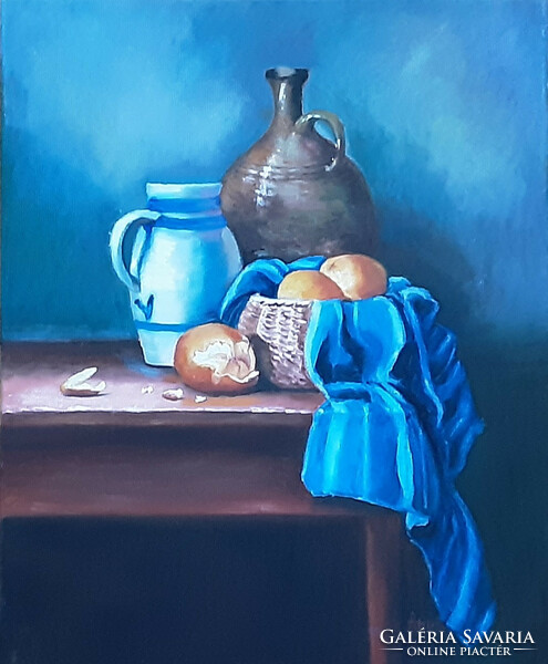 Antyipina Galina: Kék csendélet. Olajfestmény, vászon. 50x40cm