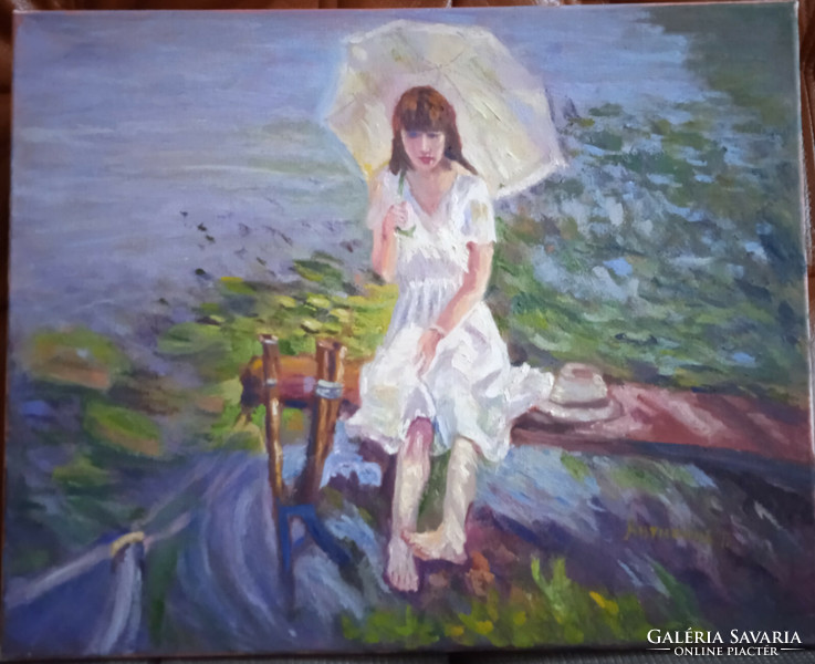 Galina Antiipina: young girl on a hot day. Oil painting, canvas. 40X50cm