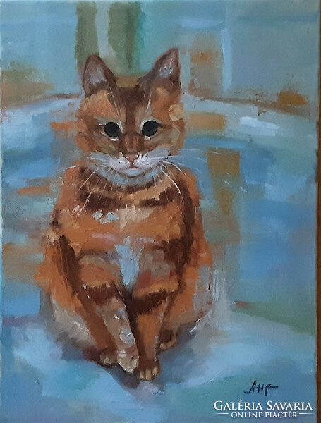 Antiipina galina: ginger cat, oil painting, canvas, painter's knife, 40x30cm