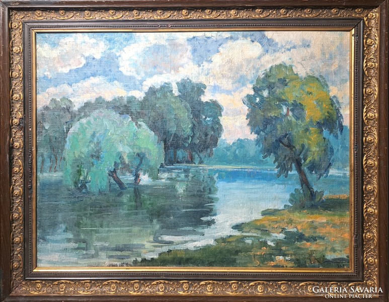 Waterside landscape, 1921 - signed - endre béla? (Oil on canvas, with frame)