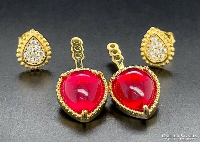 Corundum/ruby, zircon gemstone silver set, 14k gold-plated--new