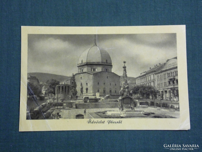 Képeslap, Pécs Széchenyi tér, szentháromság szobor, Dzsámi Török templom látkép