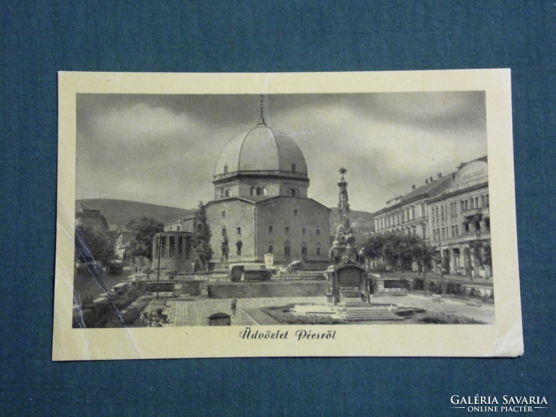 Postcard, Széchenyi square in Pécs, Holy Trinity statue, view of the Turkish mosque