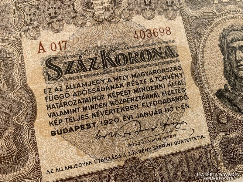 *** UNC BARNA sorszámos 1920-as 100 korona ***