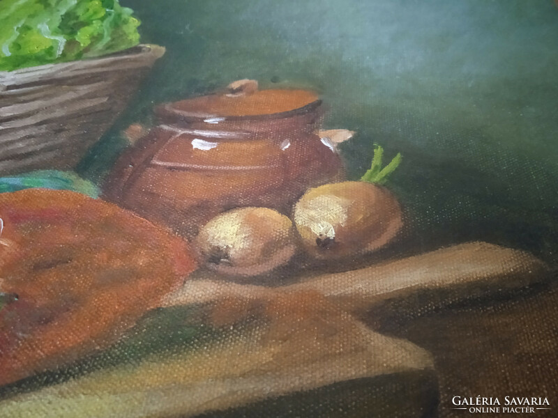 Antyipina Galina: Csendélet salatával és paprikával. Olajfestmény, vászon. 40x50cm