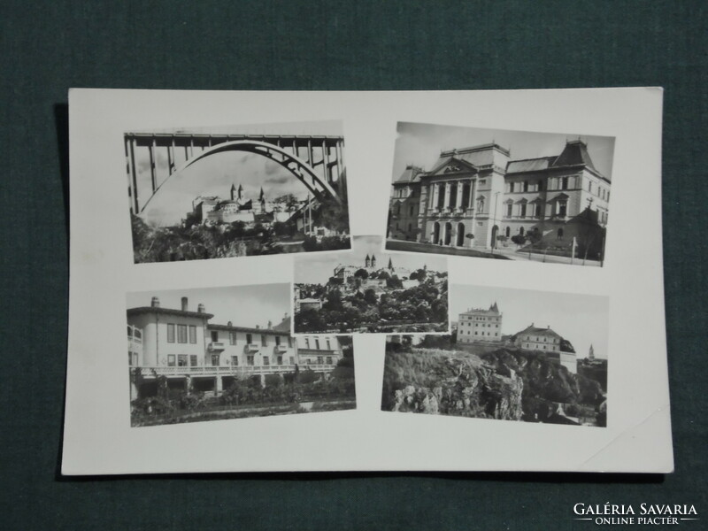 Postcard, Veszprém, mosaic details, council house, St. István valley bridge, view castle