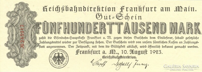 500 thousand marks 10.08.1923. Germany Frankfurt unc