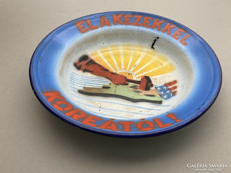 Keep your hands off Korea - enamel Budafok Hungarian communist propaganda bowl from the 1950s