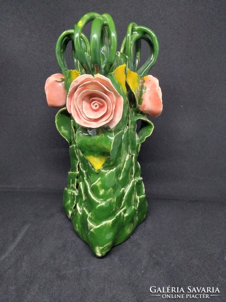 Rose patterned majolica vase, ceramic vase - special shape