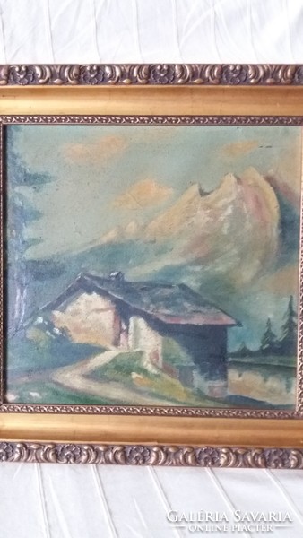 Antique painting old house in alpine landscape framed oil on canvas painting, flawless 54 cm