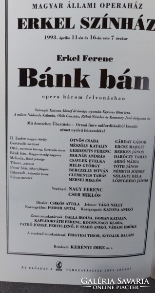 Műsorfüzet 1993. Magyar Állami Operaház. Erkel Ferenc: Bánk bán