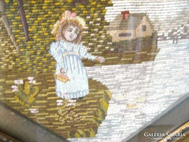 Antique tapestry - goblein image, little girl feeding ducks.