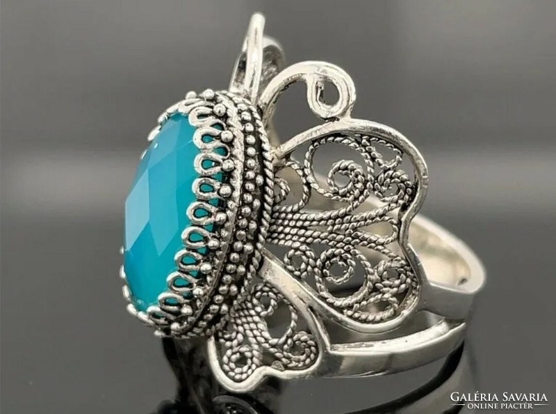 Pillangós kék kalcedon drágaköves  sterling ezüst gyűrű, 925  - új 57 mèret