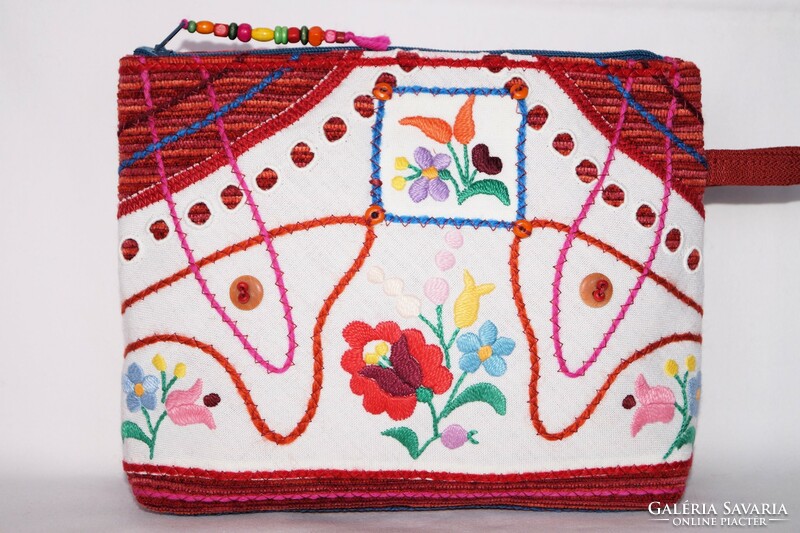 Colorful, hand-embroidered knapsack, Kalocsa flowery, red, cosmetic bag, traditional trinket holder