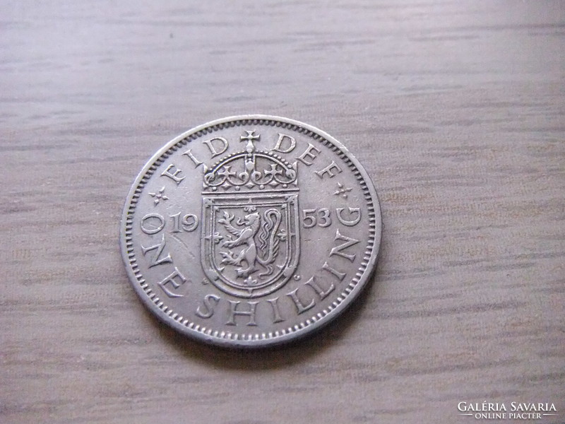 1 Shilling  1953   Anglia  ( Skócia címer  Balra néző Ágaskodó Oroszlán a Koronázási Pajzson   )