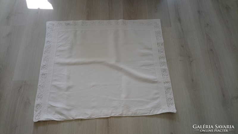 Festive monogrammed pillowcase decorated with antique beaten lace border (irén)