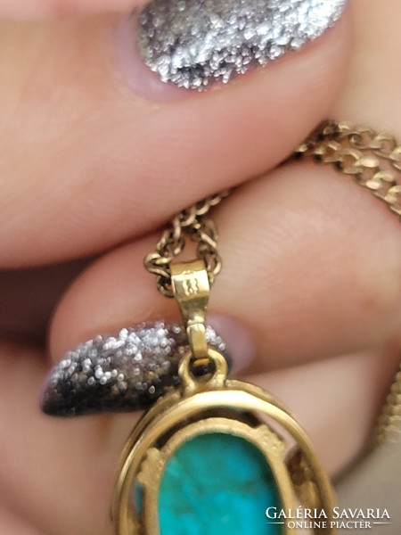 Art Nouveau turquoise stone 9k gold pendant on a long gold chain!