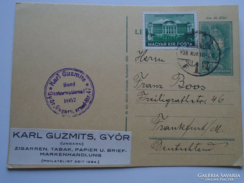 D200534  Karl Guzmics -Bund Iternational,  GYŐR 1938 levelezőlap küldve Frankfurt am Main-ba