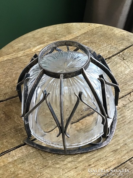 Old Polish art deco glass sugar bowl with silver-plated decoration
