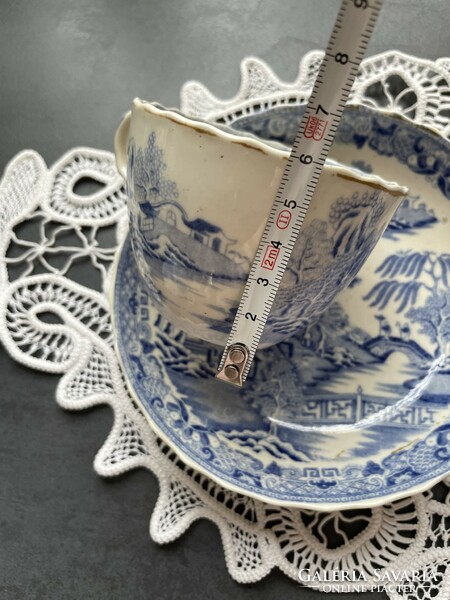 Antik, dúsan mintázott, csodás kínaizáló csésze aljával - kék dekoros fűzfa mintás