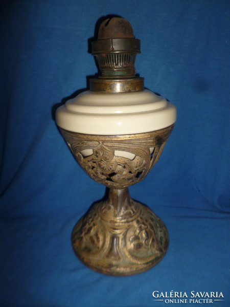 Old cast iron table kerosene lamp with milk glass container