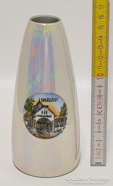 Unterweissbach "Harkány Strandfürdő" látképes, gyöngyház mázas porcelán váza (2902)