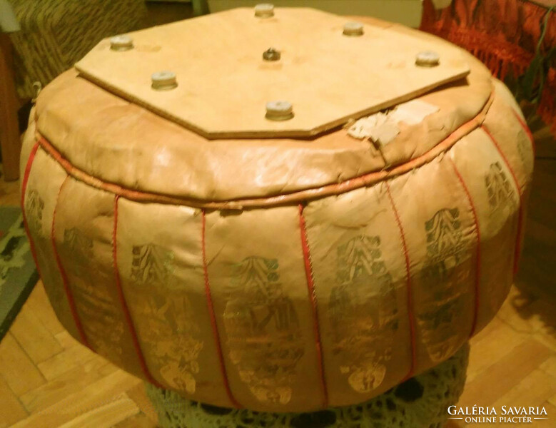 Leather pouf decorated with an Egyptian pattern - camel leather pouf