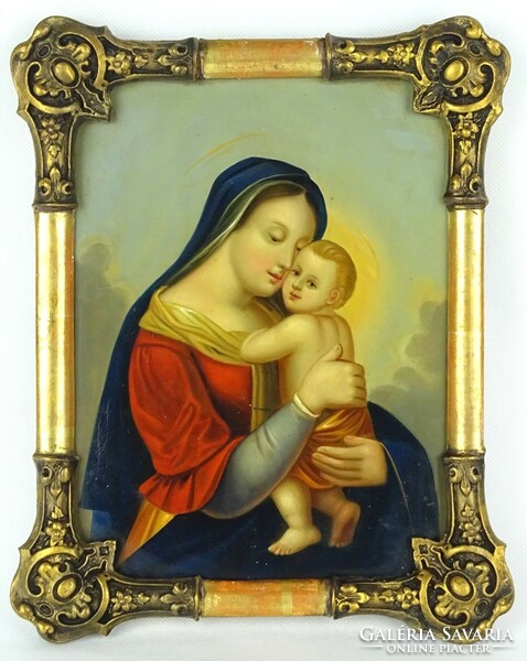 0Z235 Antik madonna Mária a kis Jézussal festmény XIX. század 1850 körül