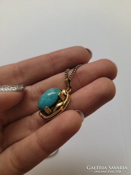 Art Nouveau turquoise stone 9k gold pendant on a long gold chain!