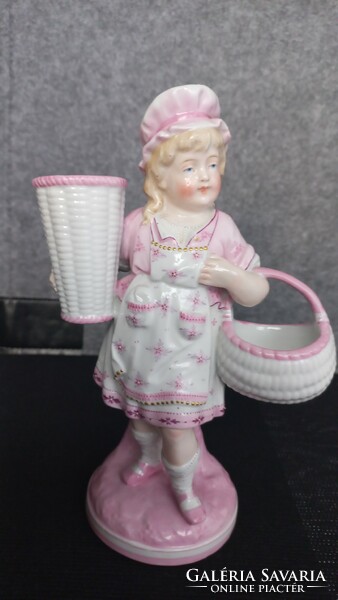 Sitzendorf retro porcelain baby girl with baskets, hand painted, signed