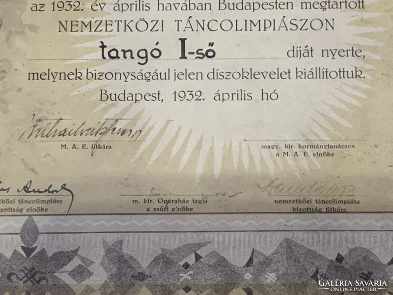 1932 Magyarországi Artista Egyesület Diszoklevél Táncolimpiász Tangó Pollák Magda Eschkenasy Gy. Bp