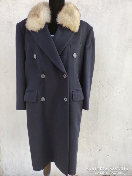 Silver fox collar wool - cashmere classic line women's jacket, size 42, dark blue