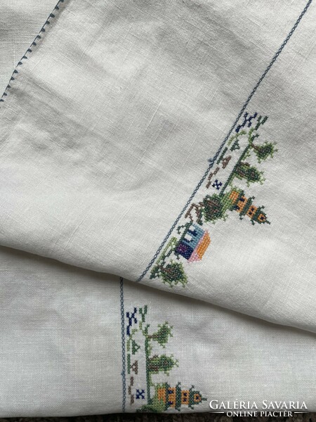 Old, oriental, small cross-stitch tablecloth with pagoda pattern embroidered on linen - 83 cm x 83 cm