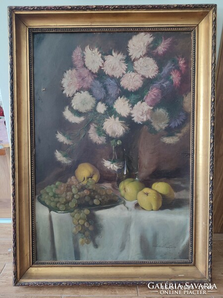 Mária Szánthó's painting, cendelet with apples and sulovel, oil on canvas, 100 x 70. With less serule