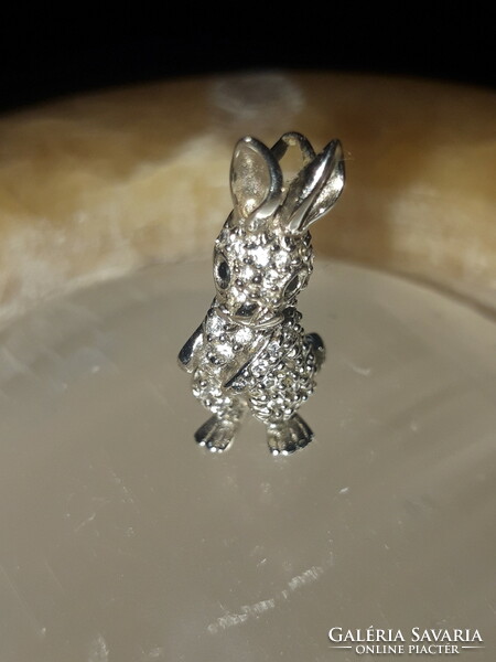 Old, stony, Hungarian bunny silver pendant with sapphire eyes