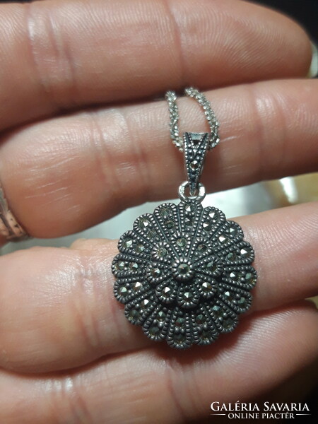 Old silver pendant with marcasite stones on a silver chain - Hungarian jewelry