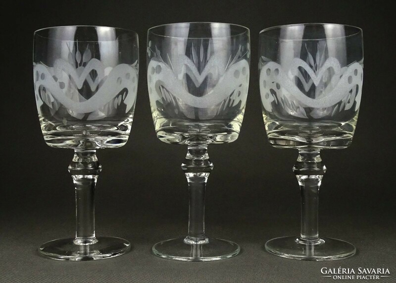 1K551 old etched wine glass set 3 pieces